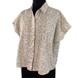 Kowtow Cream Shirt Cotton Floral Boxy Collared Cap Sleeve Button-Up Size Small S